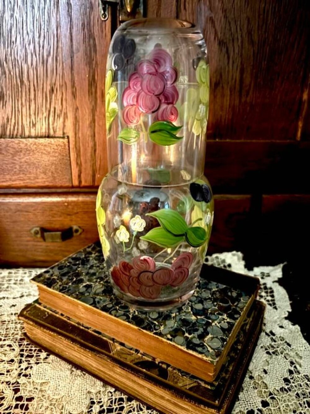 Vintage Hand Painted Tumble Up Set, Bedside Water Carafe with Glass Lid, Cottage - Picture 7 of 10